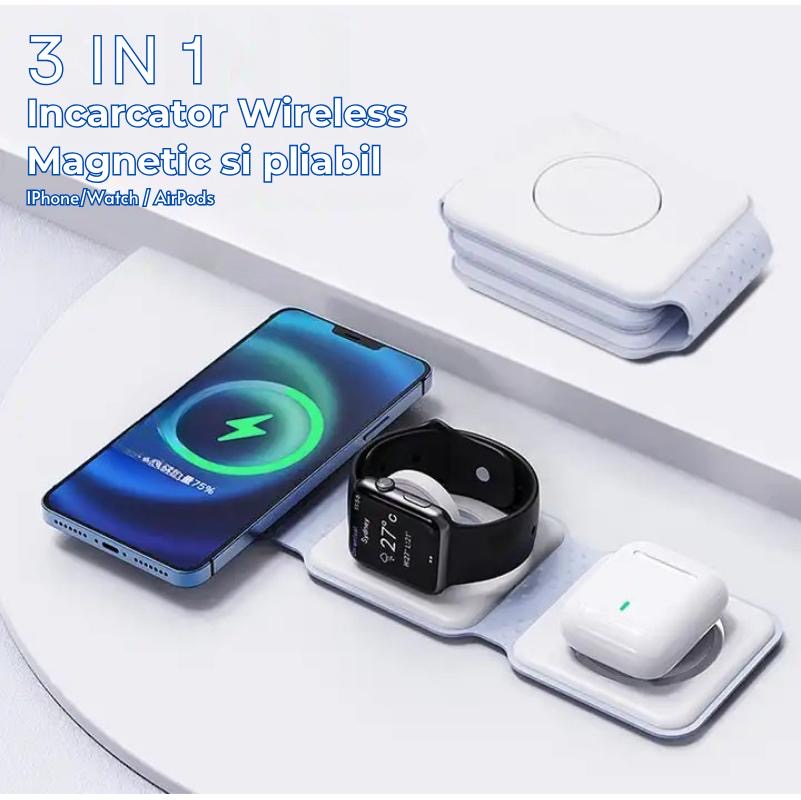Incarcator wireless 3 in 1 pliabil, MagSafe, Fast Charge 15W, compatibil iPhone 15/14/13/12, Apple Watch, AirPods