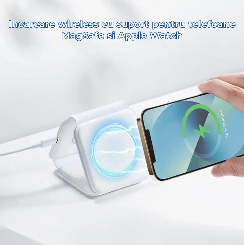 Incarcator Wireless 3 in 1, Pliabil, Incarcare rapida, Incarcare magnetica, Protectie supraincalzire, 15W, Argintiu, pentru Telefoane/Casti/Ceasuri