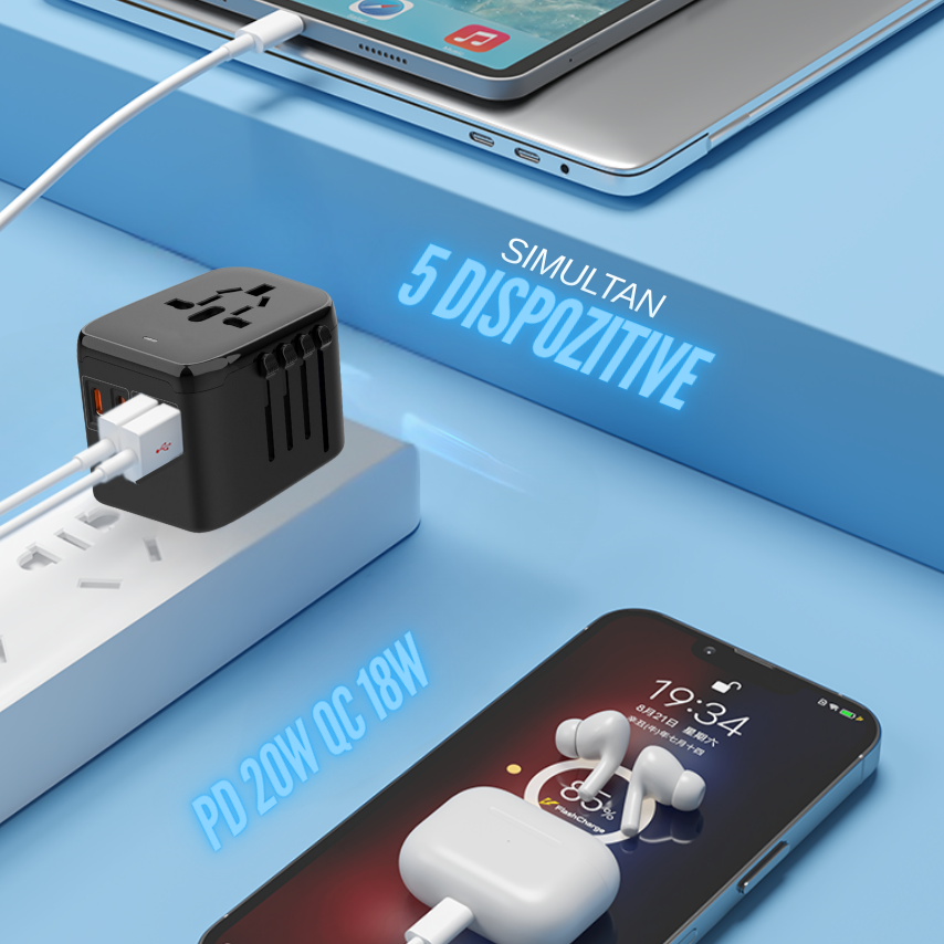 Adaptor incarcator convertor priza universal de calatorie, cu 2 USB+2 Type-C All in one, 100V-250V, pentru UK, USA, EU, AUS, Negru
