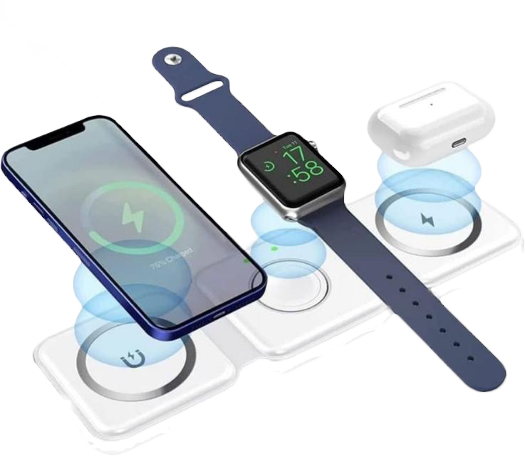 Incarcator wireless 3 in 1 pliabil, MagSafe, Fast Charge 15W, compatibil iPhone 15/14/13/12, Apple Watch, AirPods