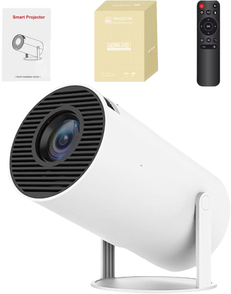 Videoproiector Portabil HY300 4K Ultra HD, WiFi & Bluetooth 5.0, Proiectie 130”, Autofocus, HDMI/USB, Mirroring Android iOS, LED, Difuzor Integrat, Telecomanda, Rotire 180°, Alb